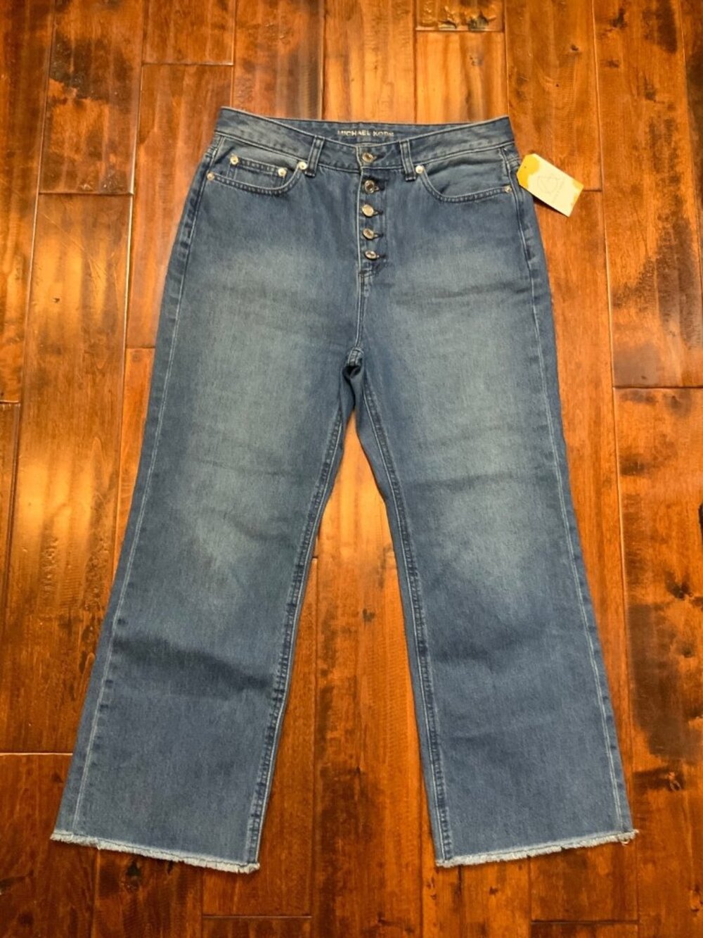 Michael Kors Medium Wash Straight Wide Leg Button-Up Jeans W/ Raw Hems, Size 8